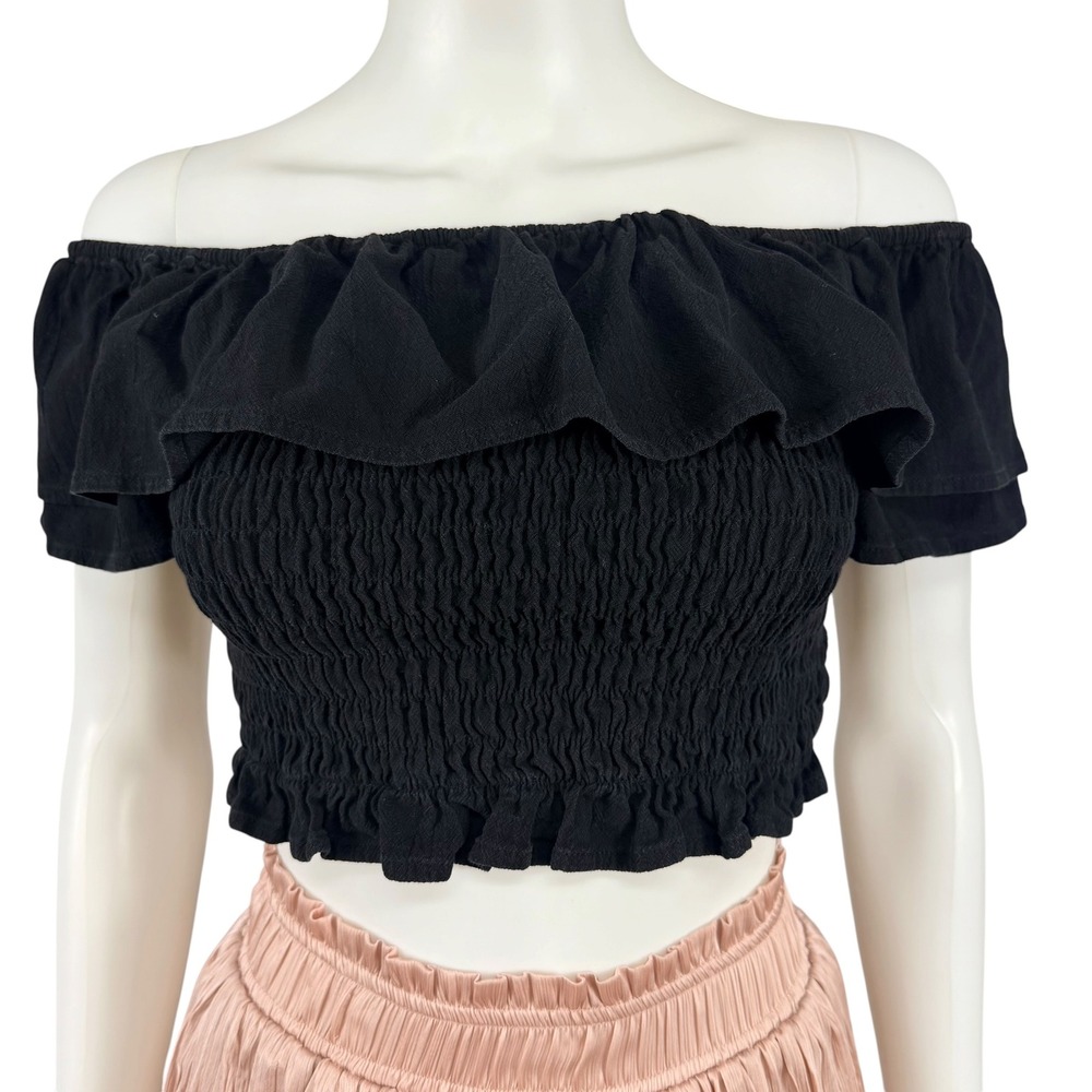 Coquet Off‎ Shoulder Ruffled Crop Top Y2K Fairycore Boho Smocked Festival Chic M